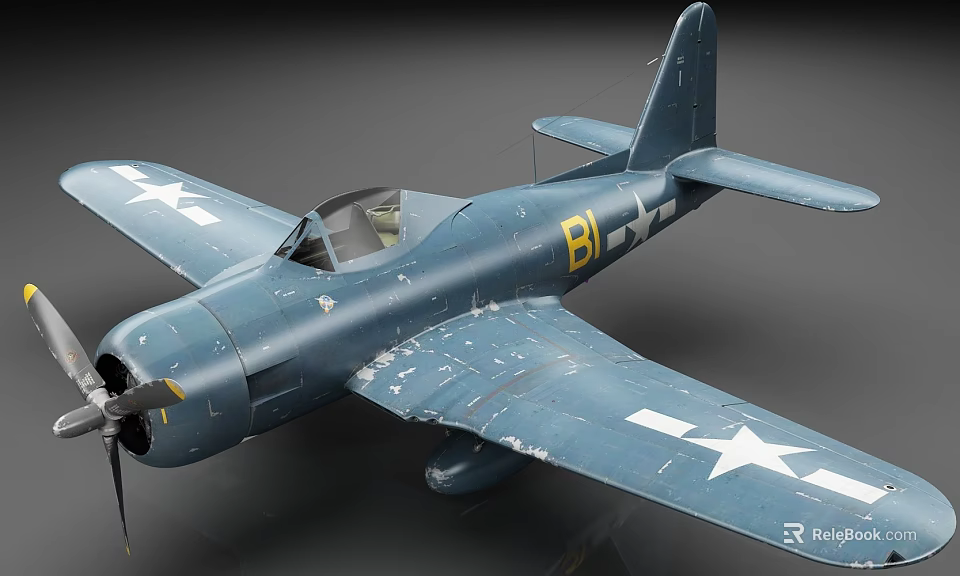 Vintage Blue Fighter Plane With Stars On Wings And Yellow B Mark 3d model 