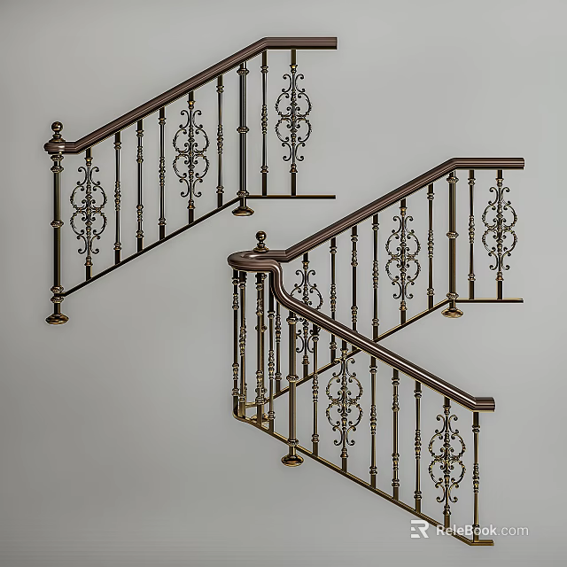 Elegant Wrought Iron Staircase Railing With Ornate Patterns And Gold Accents 3d model 