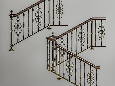 Elegant Wrought Iron Staircase Railing With Ornate Patterns And Gold Accents 3d model