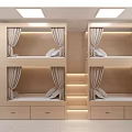 Modern Dormitory Room Interior With Wooden Bunk Beds Curtains Lockers And Drawers
