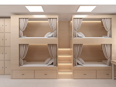 Modern Dormitory Room Interior With Wooden Bunk Beds Curtains Lockers And Drawers 3d model
