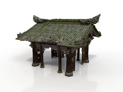 Traditional Chinese Style Pavilion Featuring Green Mossy Tiled Roof Wooden Pillars and Decorative Eaves Carvings 3d model