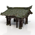 Traditional Chinese Style Pavilion Featuring Green Mossy Tiled Roof Wooden Pillars and Decorative Eaves Carvings