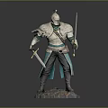 Elaborate Armored Warrior Character Standing With Dual Swords On Decorative Base