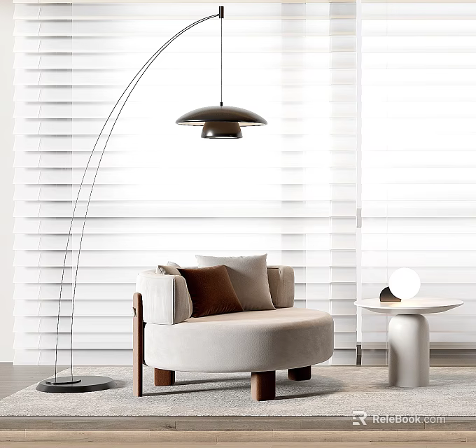 Beige Single Sofa with Throw Pillows Floor Lamp Small Round Side Table and White Blinds 3d model
