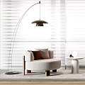 Beige Single Sofa with Throw Pillows Floor Lamp Small Round Side Table and White Blinds 3d model
