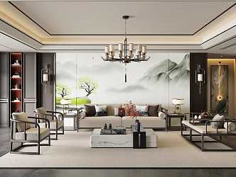 New Chinese Style Living Room Sofa Coffee Table Combination Green Plant Jewelry Ornaments Table Lamp Chandelier Background Wall 3d model