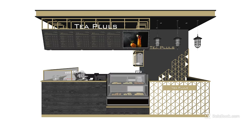 TEA PLUS Milk Tea Shop Interior Design With Counter Display Case And Decorative Lanterns 3d model
