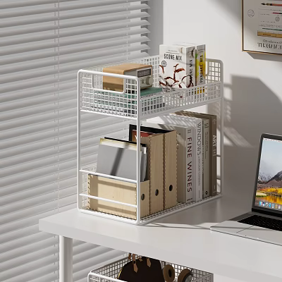White Metal Wire Storage Rack Two Tier Desk Organizer For Books Folders Home Office 3d model