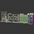 Industrial Metal Storage Racks With Green Cabinets And Stacked Items On Reflective Floor