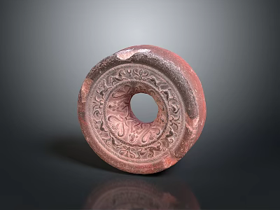Red Circular Daily Life Item With Carved Patterns And Central Hole 3d model