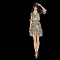 Game And Movie Character With Long Black Hair In Floral Dress And High Heels