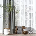 Modern Living Room Interior With Dark Gray Curtains White Sheer Layers Potted Plant And Armchair