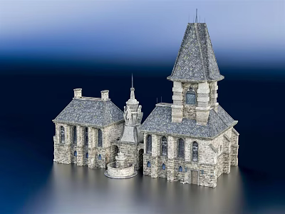 Ancient Stone Architecture With Pointed Roof Tower Multiple Sections And Classic Windows Design 3d model