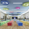 Modern School Interior With Colorful Cube Seats Large Screen And Ceiling Decorations