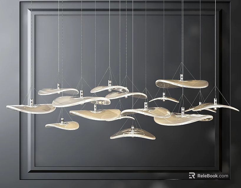 Unique Modern Pendant Lights With Irregular Leaf Shapes Hanging Against Dark Frame 3d model