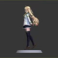 Game Anime Character 3D Model Blonde Hair Green White School Uniform Standing Pose Pedestal Base