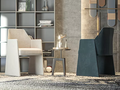 Modern Accent Chairs In Beige And Teal With Side Table And Bookshelf In Living Space 3d model