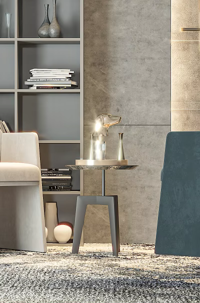 Modern Accent Chairs In Beige And Teal With Side Table And Bookshelf In Living Space 3d model