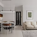 Modern Living Dining Room Interior with Beige Sofa White Refrigerator Chandelier Framed Artwork and Rug
