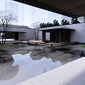 Garden Landscape Design For Modern Entrance With White Pillars Wooden Ceiling And Open Courtyard