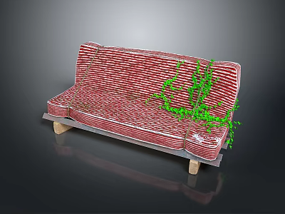Red Striped Sofa With Green Plants And Wooden Legs 3d model