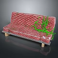 Red Striped Sofa With Green Plants And Wooden Legs