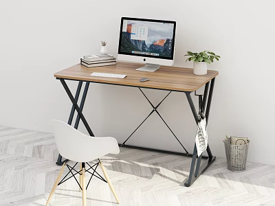 Wooden Top Desk with Black Metal X Frame Computer Monitor Books Lamp and Potted Plant 3d model