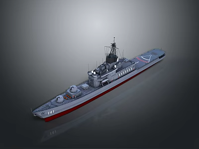 Gray Military Warship With Red Bottom Radar Antenna And Naval Deck Equipment 3d model