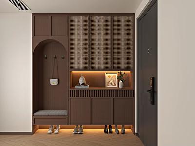 Modern Wooden Entryway Cabinet And Side Cabinet With Storage Bench Hooks And Lighting 3d model