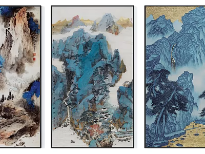 Traditional Chinese Landscape Paintings Three Panel Artwork With Blue Mountains Water And Ink Wash 3d model