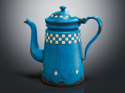 Vintage Style Blue Electric Kettle With White Checkered Pattern And Diamond Decorations 3d model