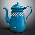 Vintage Style Blue Electric Kettle With White Checkered Pattern And Diamond Decorations