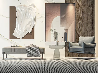 Modern Interior Featuring Stylish Grey Accent Chair Bench Side Table And Artwork 3d model