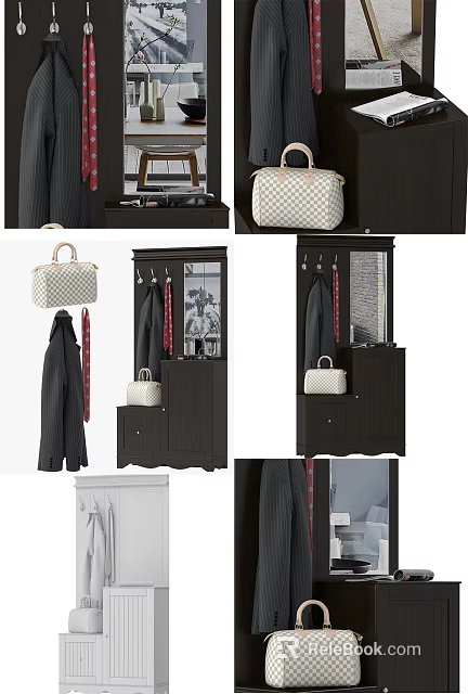 Dark Wood Entryway Cabinet And Side Cabinet With Coat Hooks Mirror Storage Tabletop 3d model 