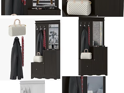Dark Wood Entryway Cabinet And Side Cabinet With Coat Hooks Mirror Storage Tabletop 3d model