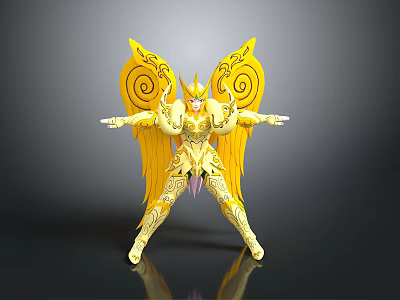 Golden Mythical Warrior Figure With Spiral Patterned Wings And Outstretched Arms 3d model