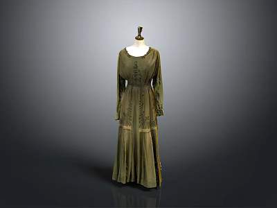 Olive Green Vintage Long Dress With Round Neckline And Lace Embroidery 3d model
