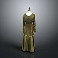 Olive Green Vintage Long Dress With Round Neckline And Lace Embroidery