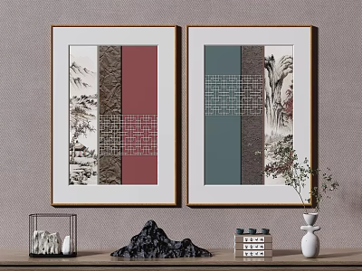 Chinese Traditional Decorative Paintings with Hills Model Vase and Mini House Ornaments 3d model