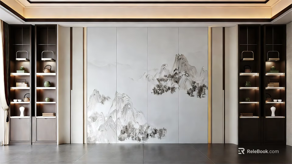 Elegant Chinese Style Background Wall With Mountain Landscape Painting And Decorative Cabinets 3d model 