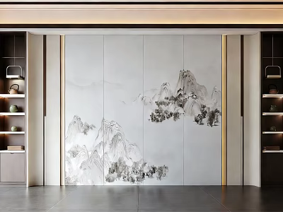 Elegant Chinese Style Background Wall With Mountain Landscape Painting And Decorative Cabinets 3d model
