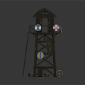 Wooden Watchtower With Green Roof Ladder Colorful Circular Decorations And Wooden Bucket At Base
