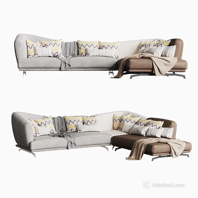 Modern Sectional Sofa With Light Gray And Brown Upholstery Geometric Pillows And Throw Blanket 3d model 