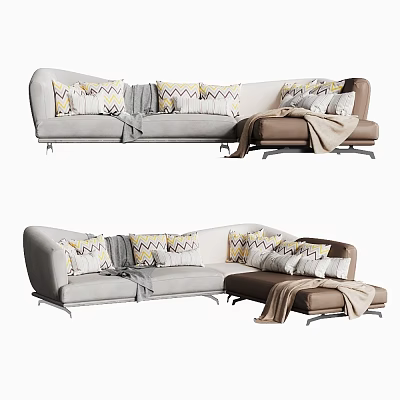 Modern Sectional Sofa With Light Gray And Brown Upholstery Geometric Pillows And Throw Blanket 3d model