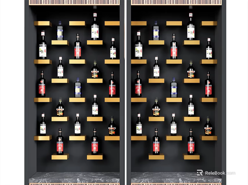 Wine Bottles and Wine Glasses Arranged on Black and Gold Display Shelves with Marble Countertop 3d model 