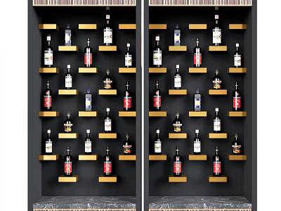 Wine Bottles and Wine Glasses Arranged on Black and Gold Display Shelves with Marble Countertop 3d model