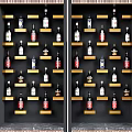 Wine Bottles and Wine Glasses Arranged on Black and Gold Display Shelves with Marble Countertop