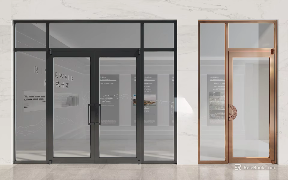 Modern Interior Double Doors With Glass Panels And Black Copper Frames Design 3d model 