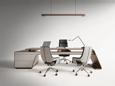 Modern Office Desk Design With Laptop Ergonomic Chairs Desk Lamp And Storage Drawers 3d model